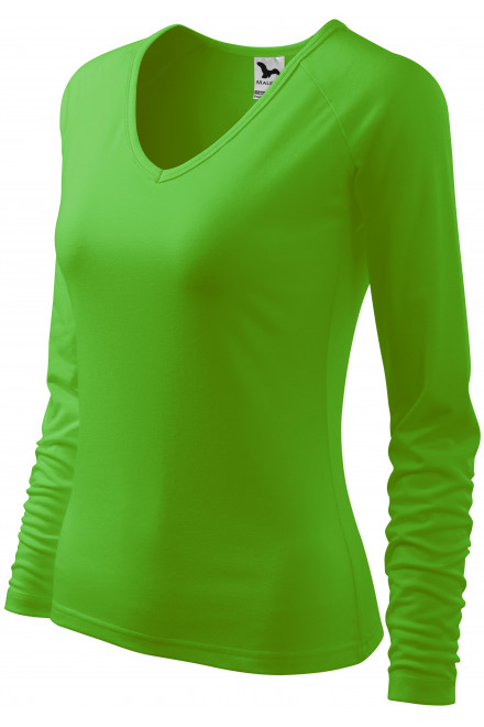Damska dopasowana koszulka, dekolt w szpic, zielone jabłko, zwykłe t-shirty