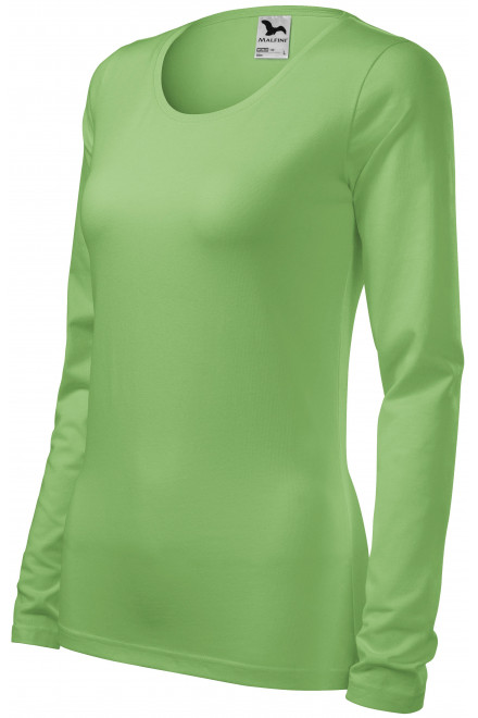 Damska dopasowana koszulka z długim rękawem, zielony groszek, bawełniane koszulki