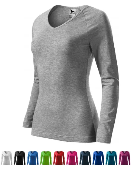 Damska dopasowana koszulka, dekolt w szpic, ciemnoszary marmur