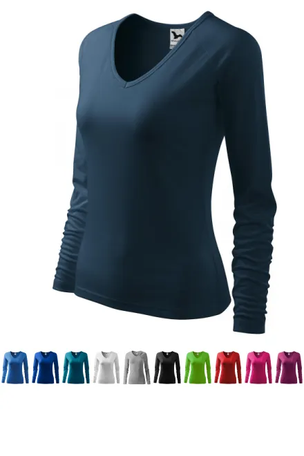 Damska dopasowana koszulka, dekolt w szpic, ciemny niebieski