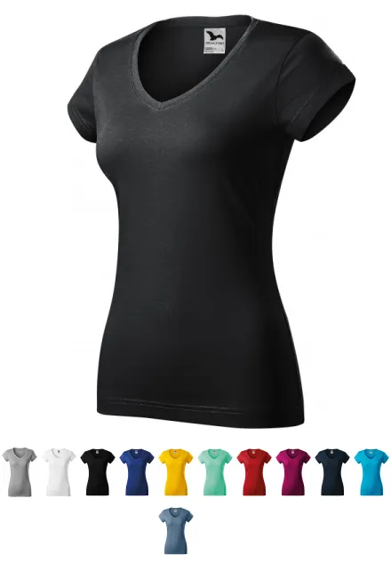 T-shirt damski slim fit z dekoltem w szpic, hebanowy szary