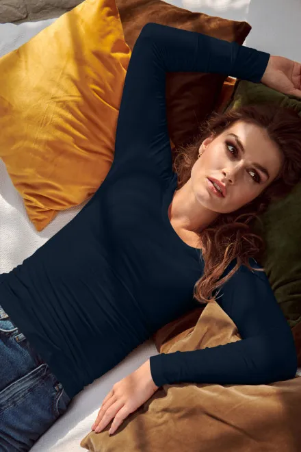 Koszulka damska z długim rękawem i głębszym dekoltem, ciemny niebieski