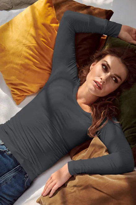 Koszulka damska z długim rękawem i głębszym dekoltem, jasnoszary