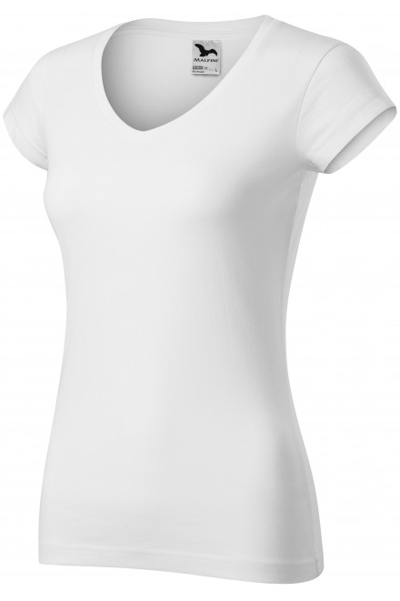 T-shirt damski slim fit z dekoltem w szpic, biały, krótkie koszulki