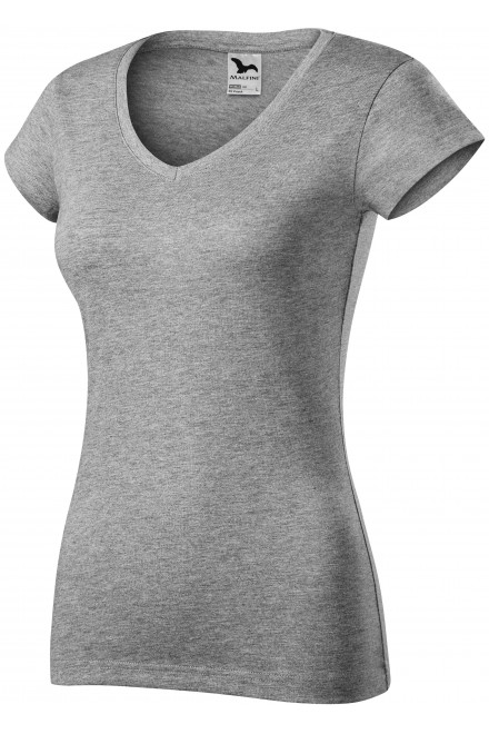 T-shirt damski slim fit z dekoltem w szpic, ciemnoszary marmur, koszulki damskie