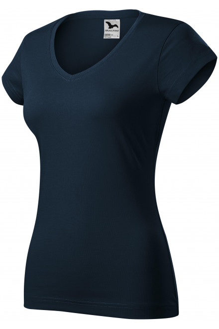 T-shirt damski slim fit z dekoltem w szpic, ciemny niebieski, koszulki damskie