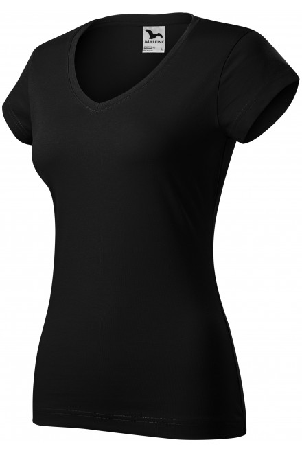 T-shirt damski slim fit z dekoltem w szpic, czarny, czarne koszulki