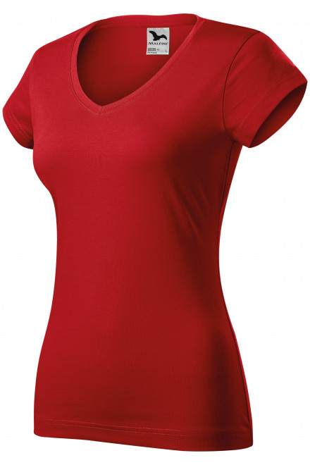 T-shirt damski slim fit z dekoltem w szpic, czerwony, czerwone koszulki