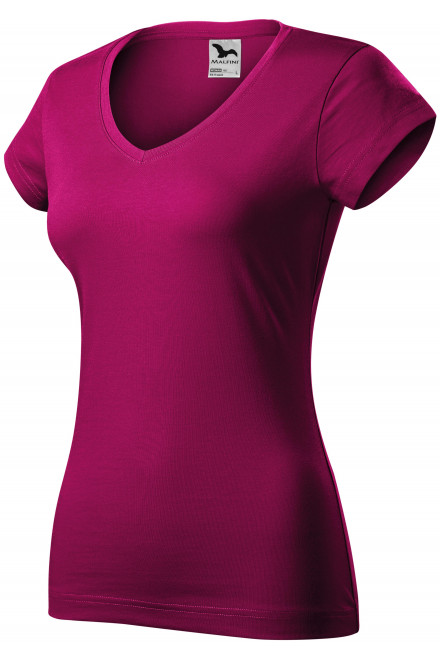 T-shirt damski slim fit z dekoltem w szpic, fuksja, różowe koszulki