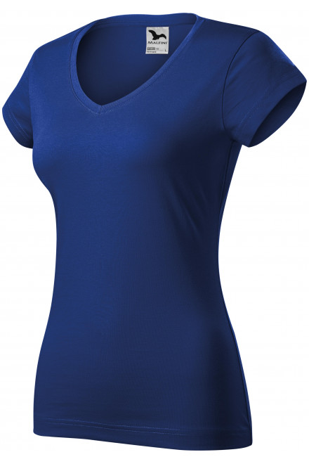 T-shirt damski slim fit z dekoltem w szpic, królewski niebieski, koszulki damskie