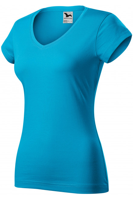 T-shirt damski slim fit z dekoltem w szpic, turkus, koszulki damskie