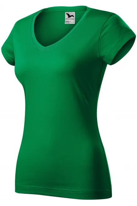 T-shirt damski slim fit z dekoltem w szpic, zielona trawa