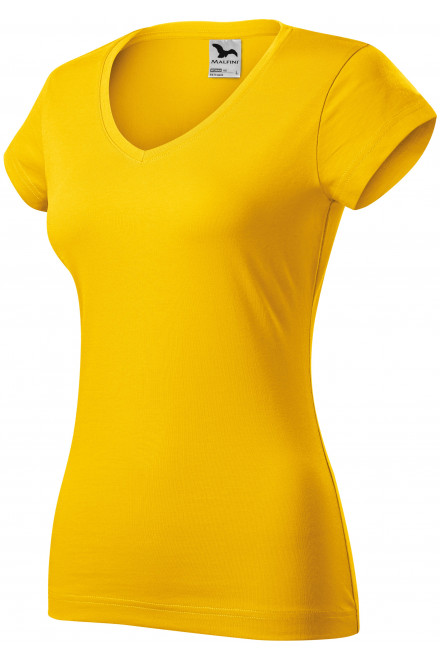 T-shirt damski slim fit z dekoltem w szpic, żółty, żółte koszulki