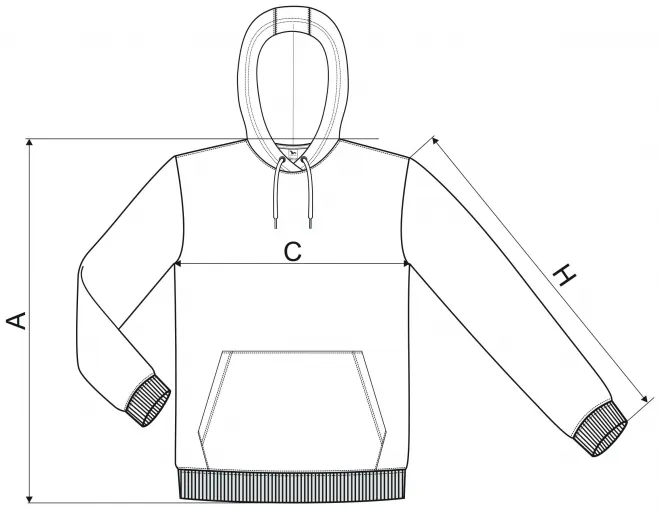 Męska bluza z kapturem bez zamka - tabela wymiarów